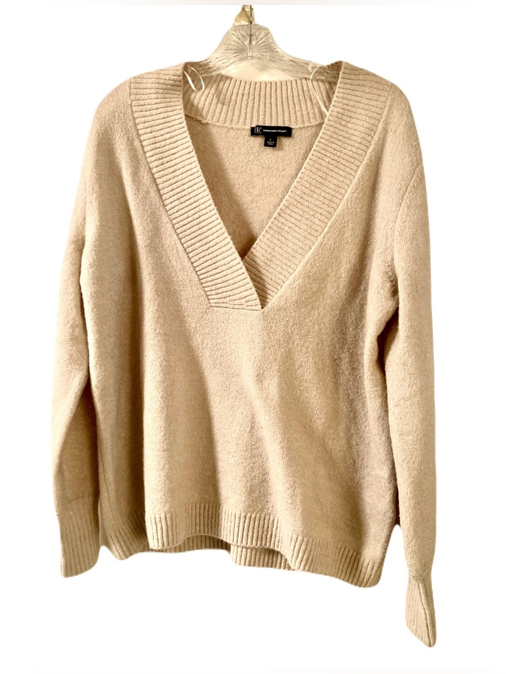 INC International Concepts Cream V-Neck Ribbed-Trim Sweater